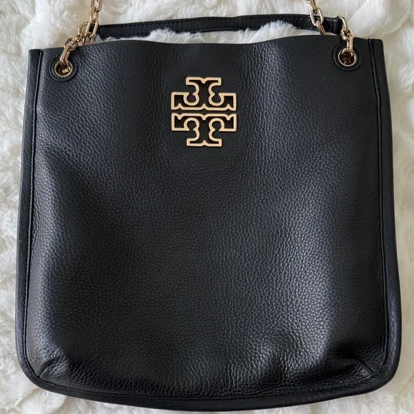 Tory Burch Black Pebbled Leather Tote with Gold Logo & Chain Straps - Picture 6 of 9